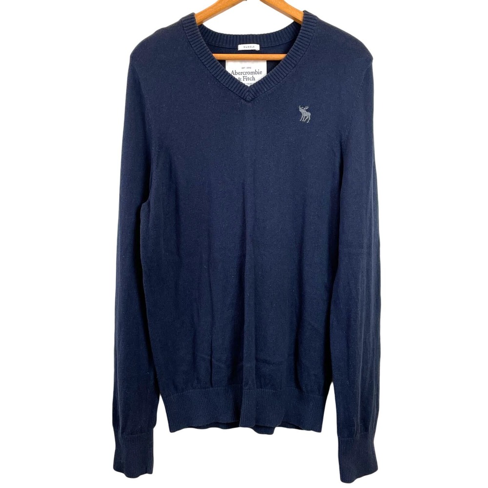 Abercrombie Sweater Mens L Navy Blue Muscle Wool Cashmere V-Neck Long Slv Moose